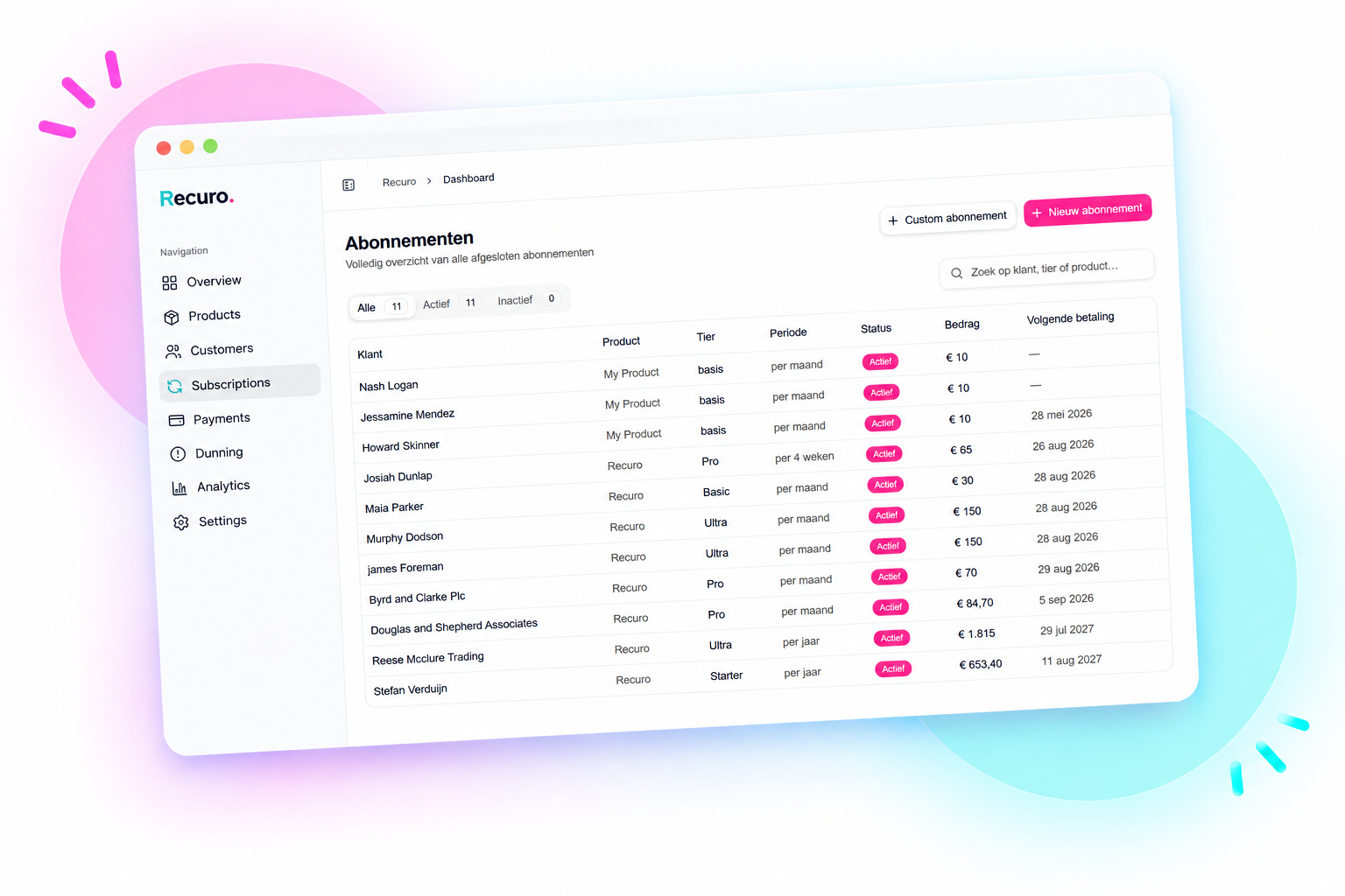 Recuro-dashboard met het abonnementenoverzicht: klanten, pakketten, periodes, prijzen en de volgende incassodatum