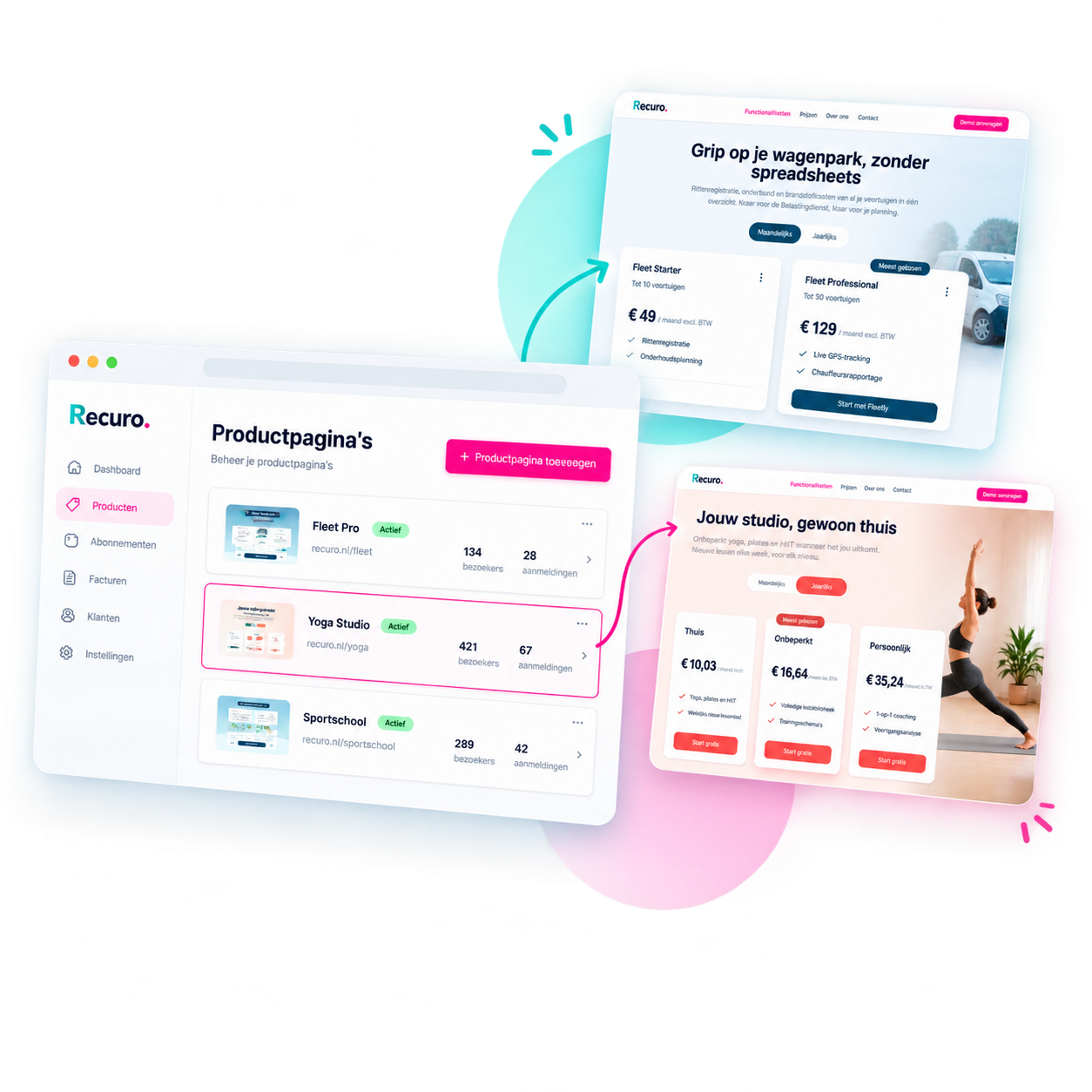Recuro-dashboard met een overzicht van productpagina's en twee voorbeelden van gepubliceerde betaalpagina's
