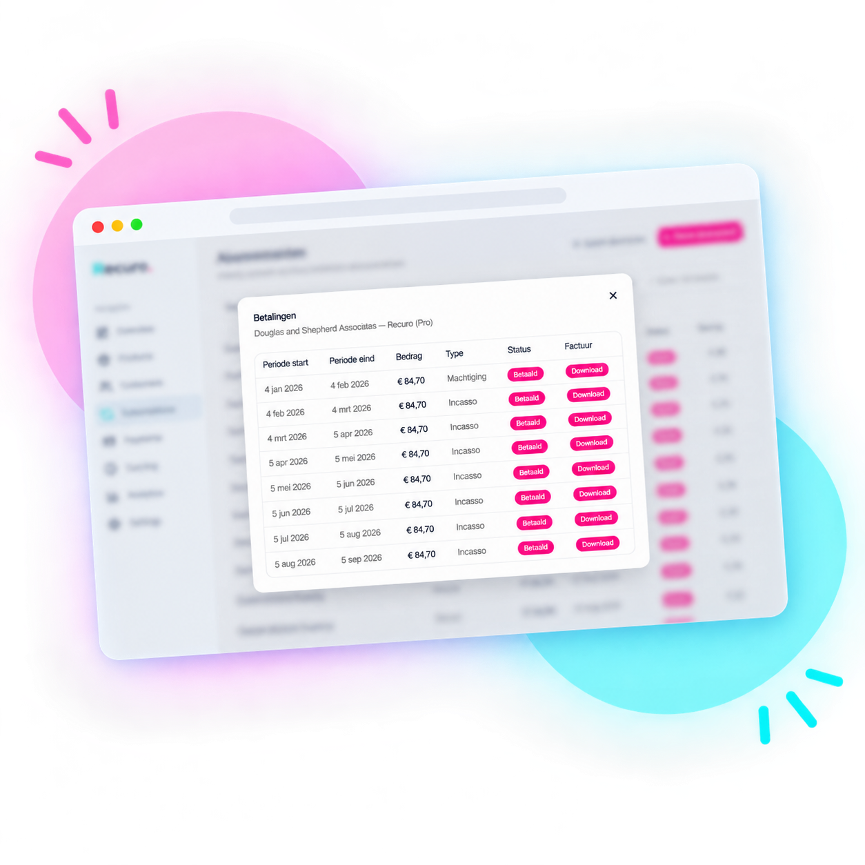 Recuro-dashboard met het betalingenoverzicht van een abonnement: periodes, bedragen, betaalstatus en downloadbare facturen