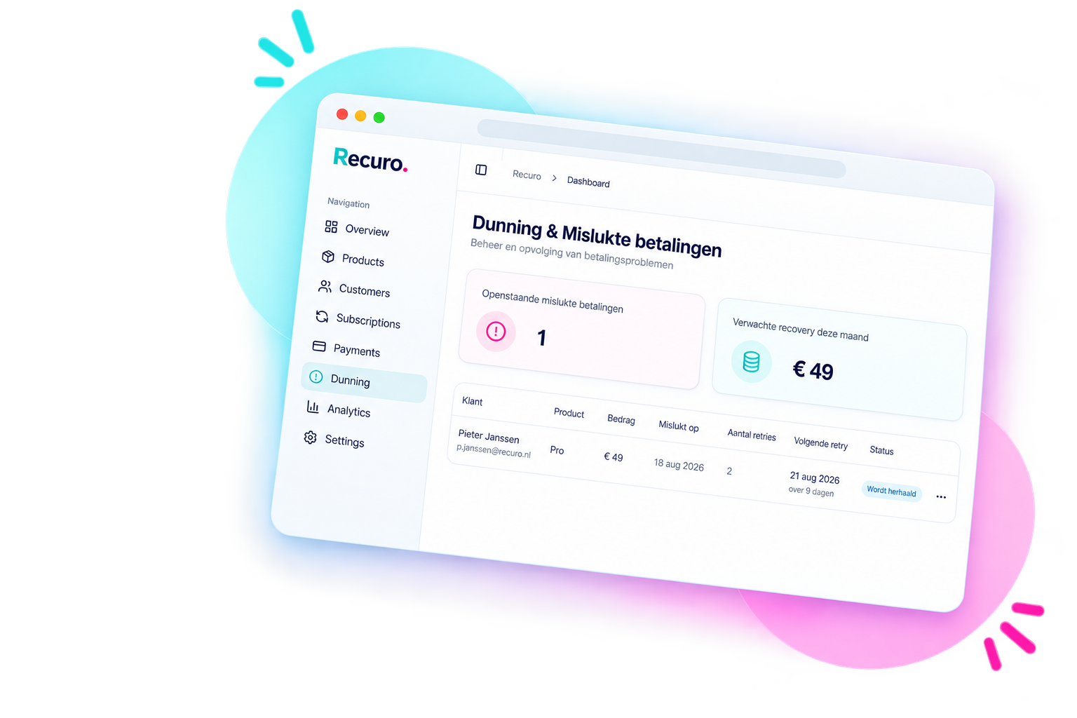Recuro-dashboard met het herincasso-overzicht: openstaande mislukte betalingen, verwachte recovery en de eerstvolgende retry